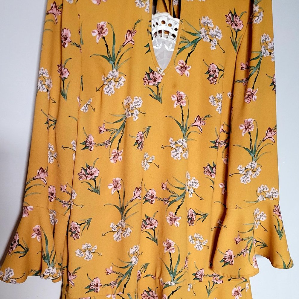 EXHILARATION Boho Mustard Floral Print Boho Dress Size Large